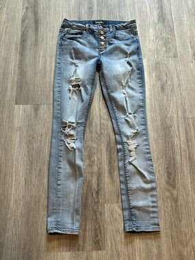 Indigo Rein Light Blue Distressed Skinny Jeans with Button Fly